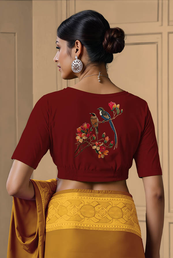 Back View plain-back-elbow-sleeves-sleeve-dark-red-back-multicoloured-exotic-birds