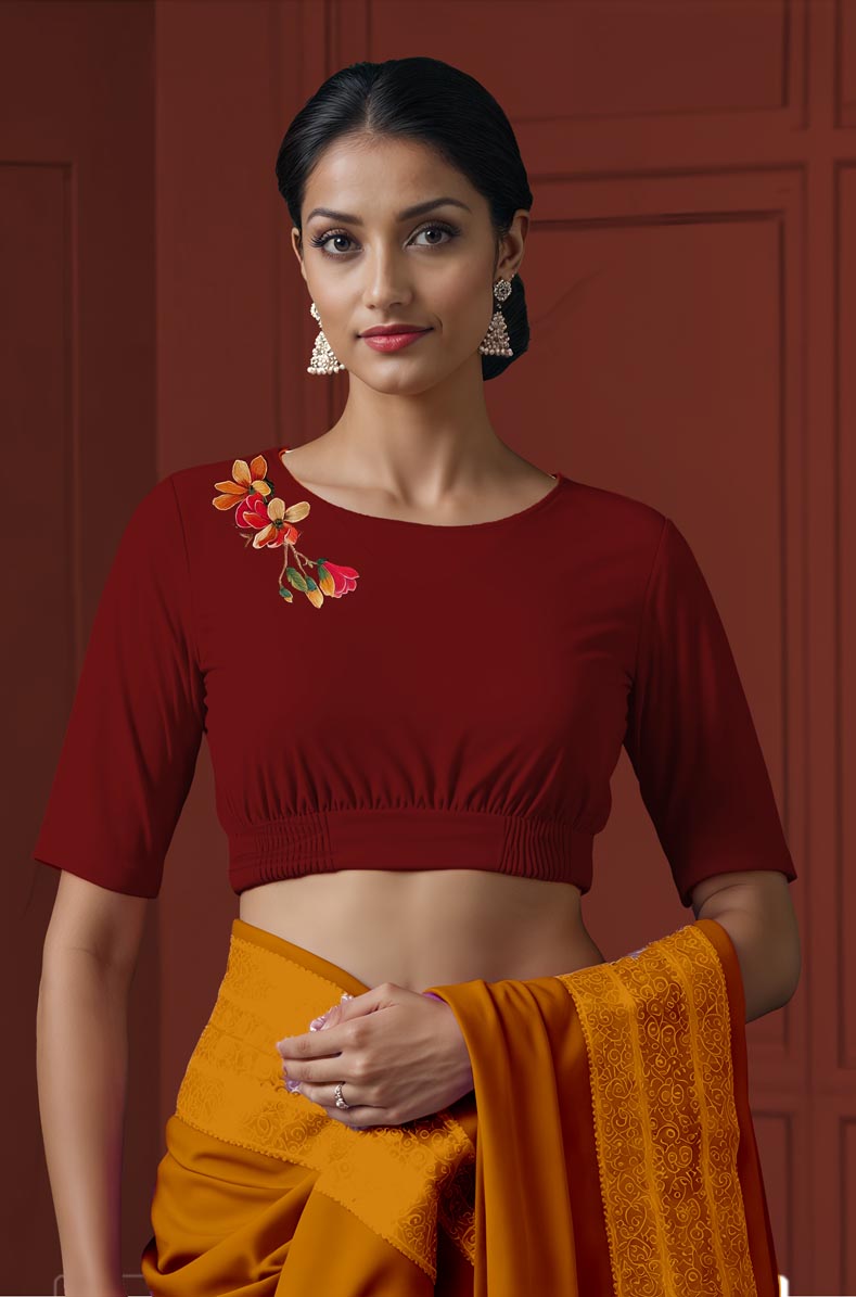 Front View plain-back-elbow-sleeves-sleeve-dark-red-front-multicoloured-exotic-birds-front