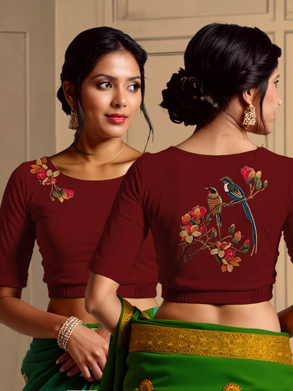 Back View plain-back-elbow-sleeves-sleeve-dark-red-main-front-multicoloured-exotic-birds-front-back-multicoloured-exotic-birds