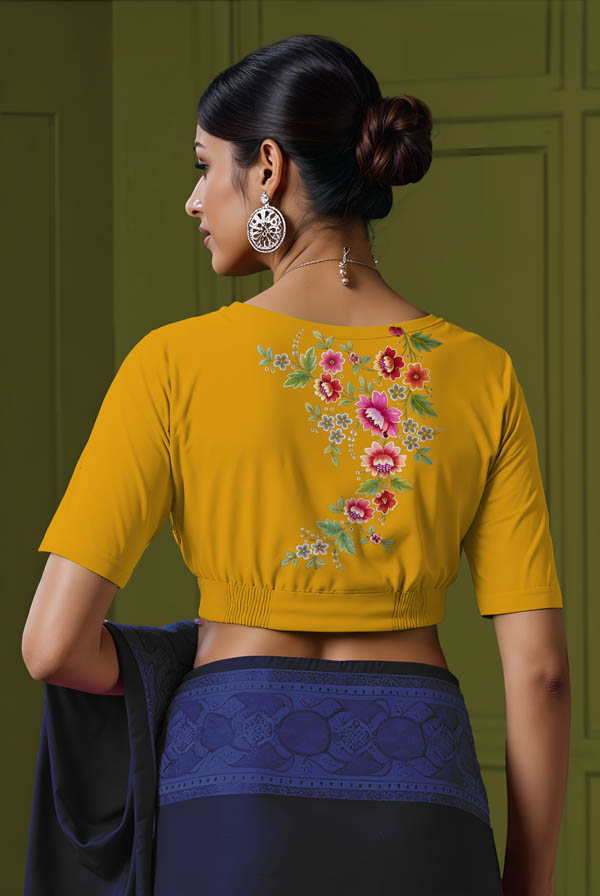 Back View plain-back-elbow-sleeves-sleeve-deep-yellow-back-flower-vine-back