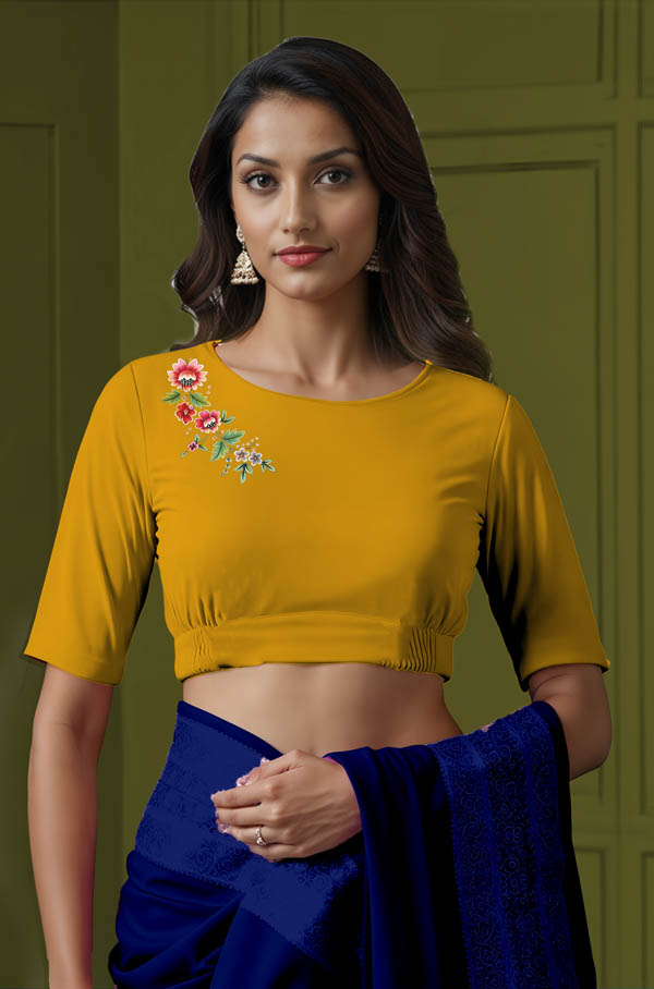 Front View plain-back-elbow-sleeves-sleeve-deep-yellow-front-flower-vine-front