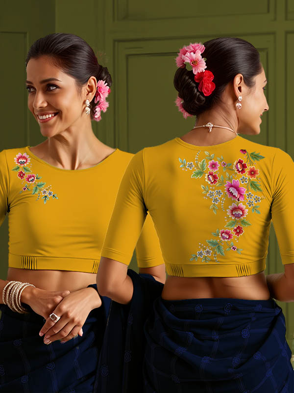 Back View plain-back-elbow-sleeves-sleeve-deep-yellow-main-front-flower-vine-front-back-flower-vine-back