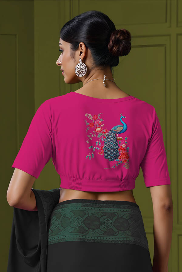 Back View plain-back-elbow-sleeves-sleeve-hot-pink-back-detailed-peacock-back