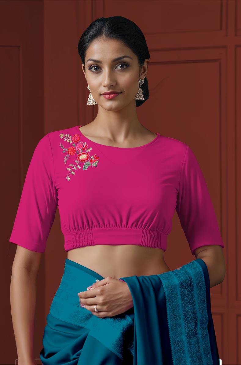 Front View plain-back-elbow-sleeves-sleeve-hot-pink-front-detailed-peacock-front