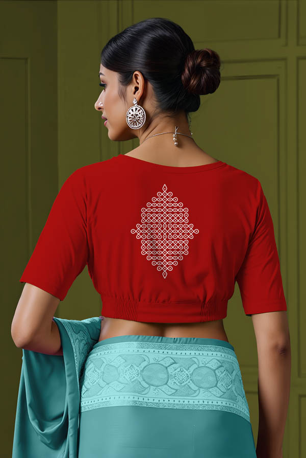 Back View plain-back-elbow-sleeves-sleeve-red-back-kolam-design-white-back