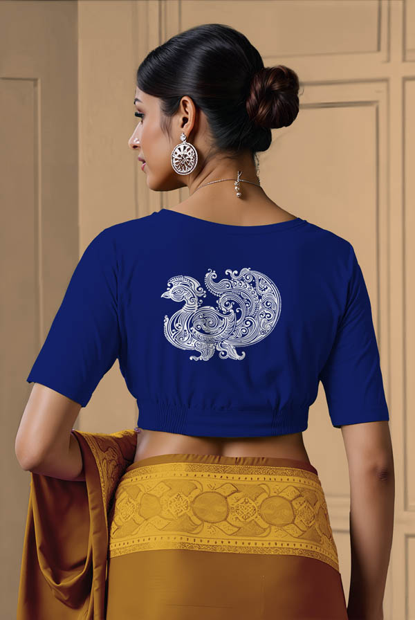 Back View plain-back-elbow-sleeves-sleeve-royal-blue-back-alpona-pakshi-white-back