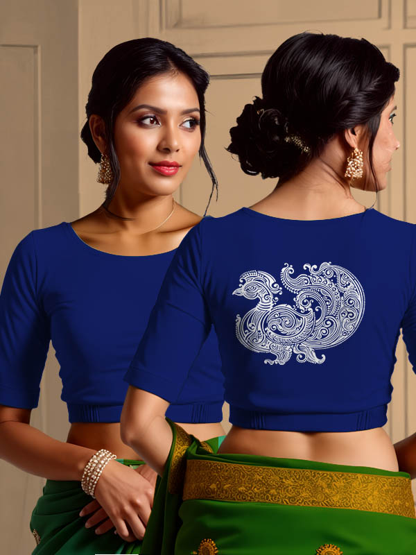 Back View plain-back-elbow-sleeves-sleeve-royal-blue-main-front-plain-front-back-alpona-pakshi-white-back