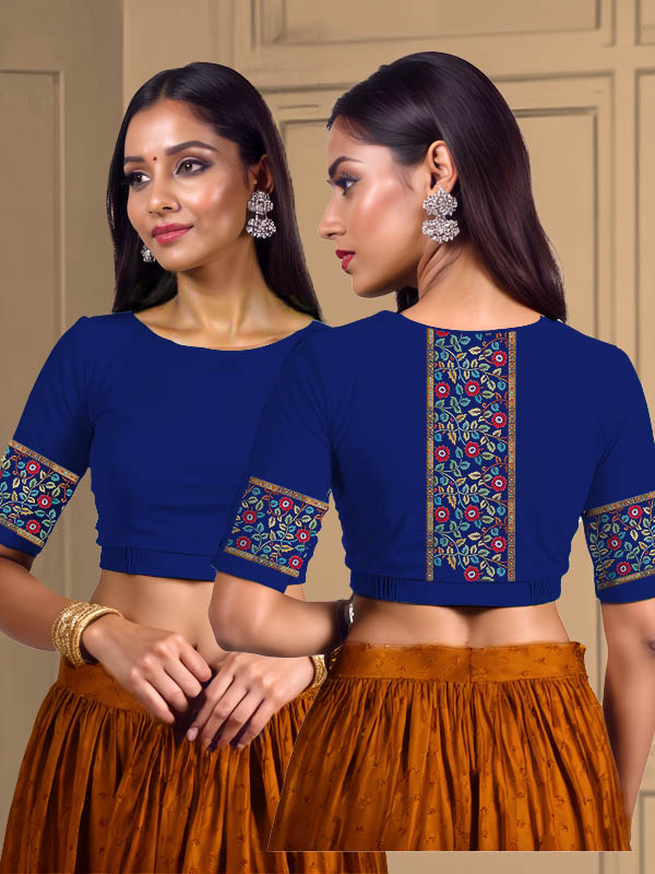 Back View plain-back-elbow-sleeves-sleeve-royal-blue-main-front-plain-front-back-kalamkari-border-bright-vertical