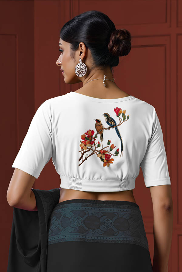 Back View plain-back-elbow-sleeves-sleeve-white-back-multicoloured-exotic-birds