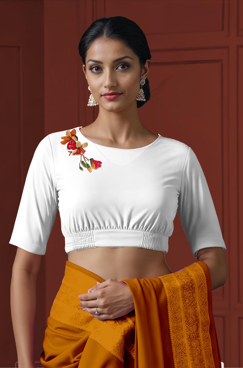 Front View plain-back-elbow-sleeves-sleeve-white-front-multicoloured-exotic-birds-front