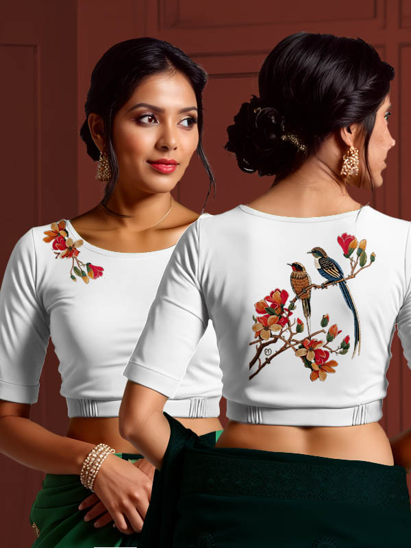 Back View plain-back-elbow-sleeves-sleeve-white-main-front-multicoloured-exotic-birds-front-back-multicoloured-exotic-birds
