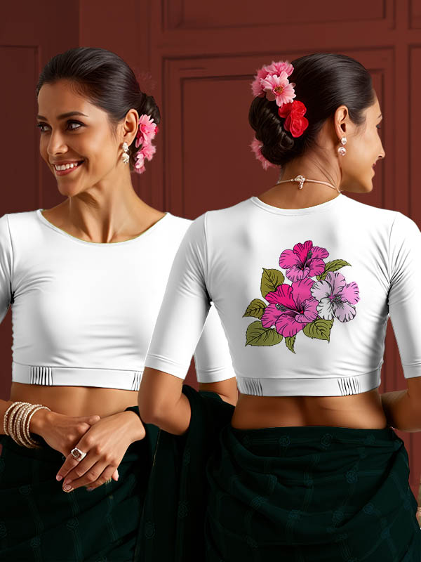 Back View plain-back-elbow-sleeves-sleeve-white-main-front-plain-front-back-hibiscus-back