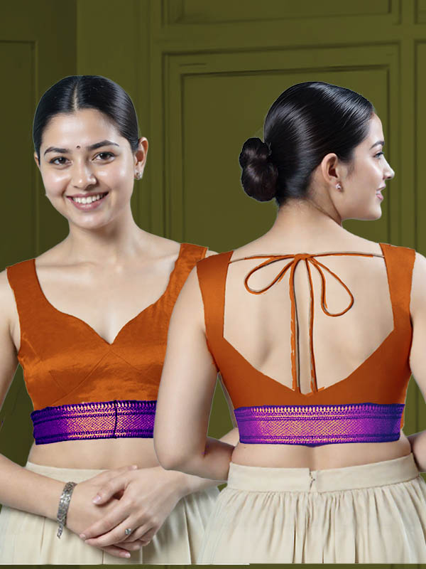 Back View sweet-heart-cut-back-sleeveless-sleeve-tissue-bright-copper-main-front-purple-broad-zari-border-front-back-purple-broad-zari-border-back