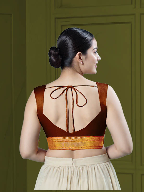 Back View sweet-heart-cut-back-sleeveless-sleeve-tissue-dark-copper-back-orange-broad-zari-border-back