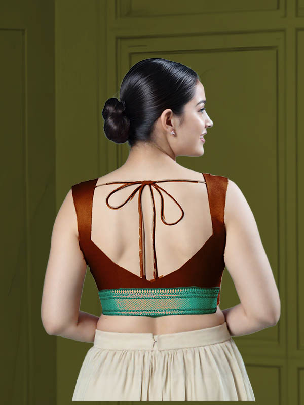 Back View sweet-heart-cut-back-sleeveless-sleeve-tissue-dark-copper-back-teal-broad-zari-border-back