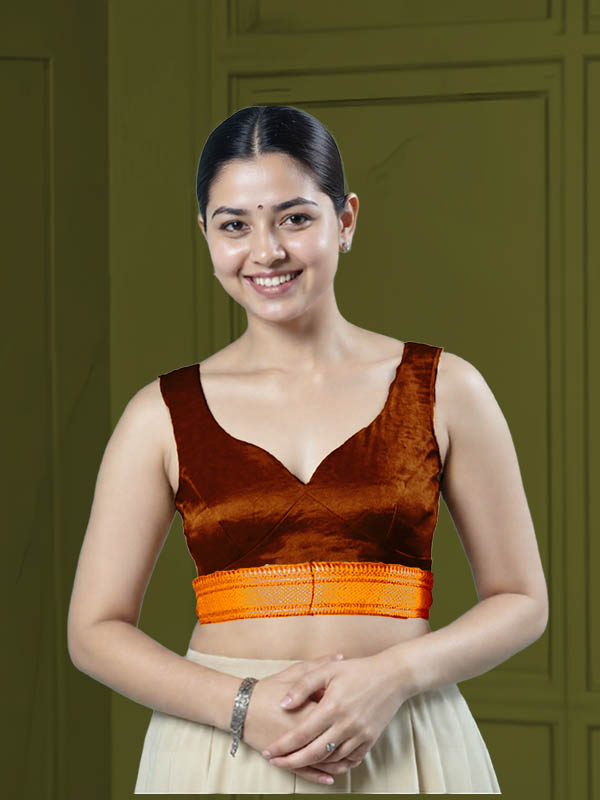 Front View sweet-heart-cut-back-sleeveless-sleeve-tissue-dark-copper-front-orange-broad-zari-border-front