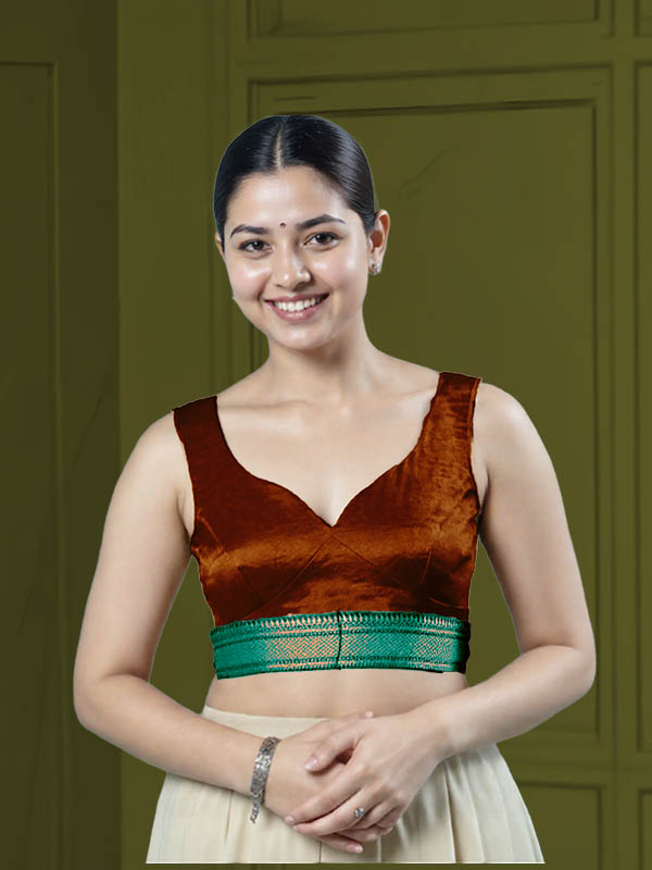 Front View sweet-heart-cut-back-sleeveless-sleeve-tissue-dark-copper-front-teal-broad-zari-border-front
