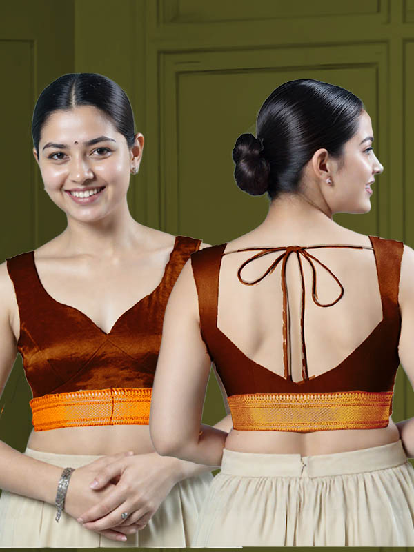 Back View sweet-heart-cut-back-sleeveless-sleeve-tissue-dark-copper-main-front-orange-broad-zari-border-front-back-orange-broad-zari-border-back