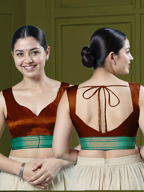 Back View sweet-heart-cut-back-sleeveless-sleeve-tissue-dark-copper-main-front-teal-broad-zari-border-front-back-teal-broad-zari-border-back