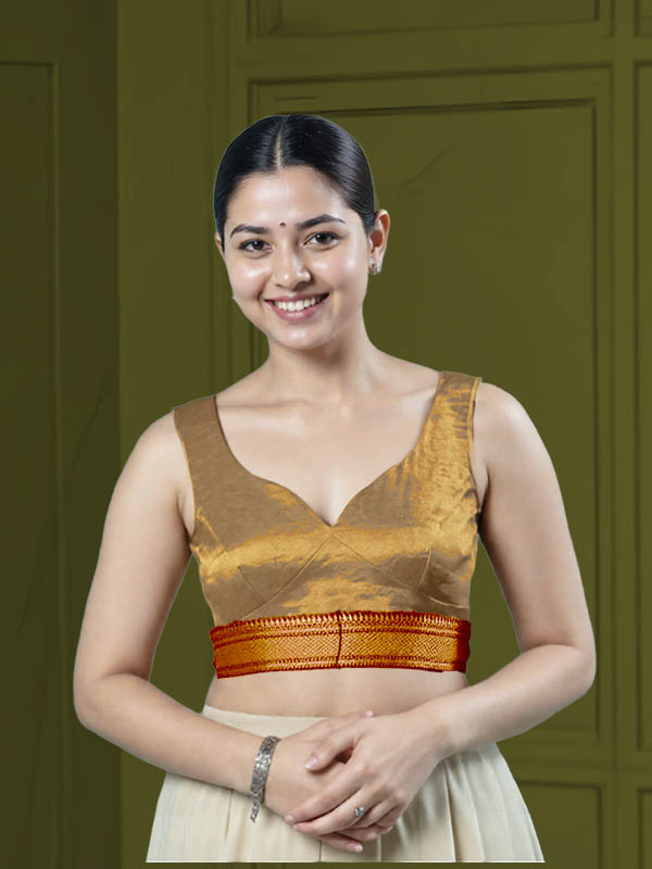 Front View sweet-heart-cut-back-sleeveless-sleeve-tissue-gold-front-rust-broad-zari-border-front