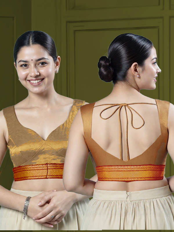 Back View sweet-heart-cut-back-sleeveless-sleeve-tissue-gold-main-front-rust-broad-zari-border-front-back-rust-broad-zari-border-back