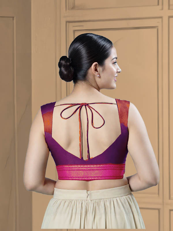 Back View sweet-heart-cut-back-sleeveless-sleeve-tissue-purple-back-dark-pink-broad-zari-border-back