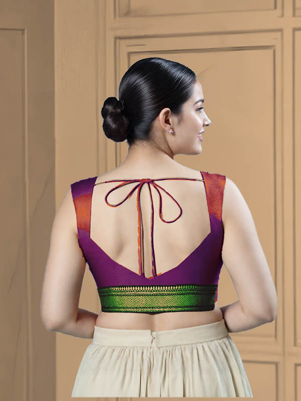 Back View sweet-heart-cut-back-sleeveless-sleeve-tissue-purple-back-green-broad-zari-border-back
