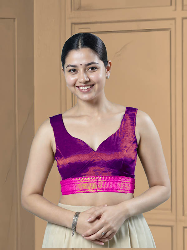 Front View sweet-heart-cut-back-sleeveless-sleeve-tissue-purple-front-dark-pink-broad-zari-border-front
