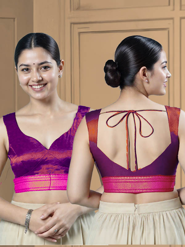 Back View sweet-heart-cut-back-sleeveless-sleeve-tissue-purple-main-front-dark-pink-broad-zari-border-front-back-dark-pink-broad-zari-border-back