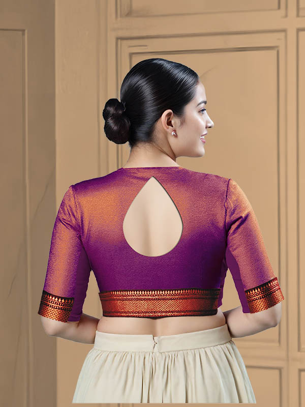 Back View teardrop-back-elbow-sleeves-sleeve-tissue-purple-back-maroon-broad-zari-border-back