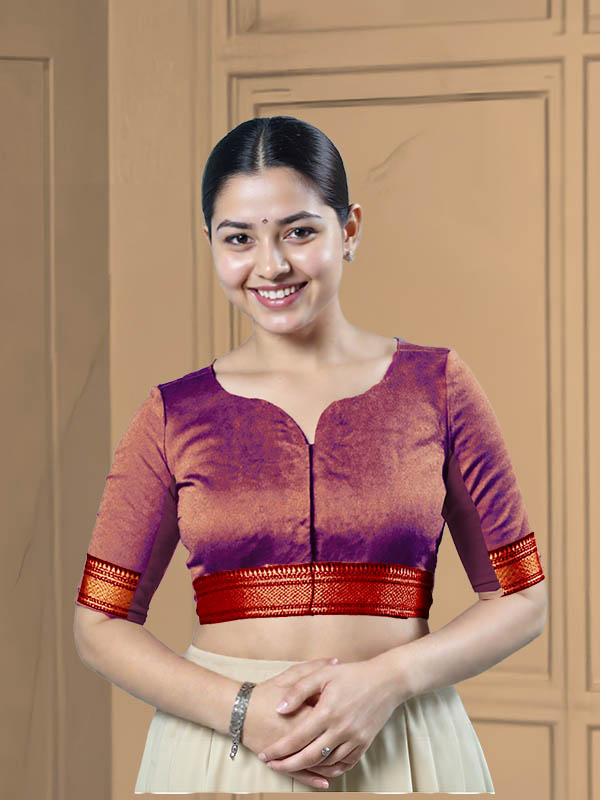 Front View teardrop-back-elbow-sleeves-sleeve-tissue-purple-front-maroon-broad-zari-border-front