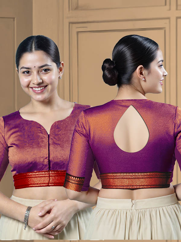 Back View teardrop-back-elbow-sleeves-sleeve-tissue-purple-main-front-maroon-broad-zari-border-front-back-maroon-broad-zari-border-back