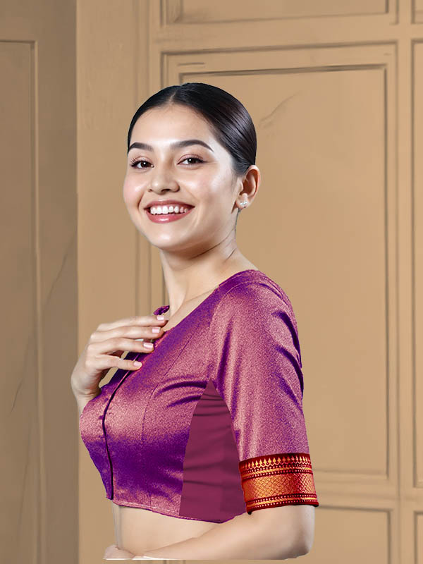 Left Sleeve View teardrop-back-elbow-sleeves-sleeve-tissue-purple-sleeve_left-maroon-broad-zari-border-sleeve-left