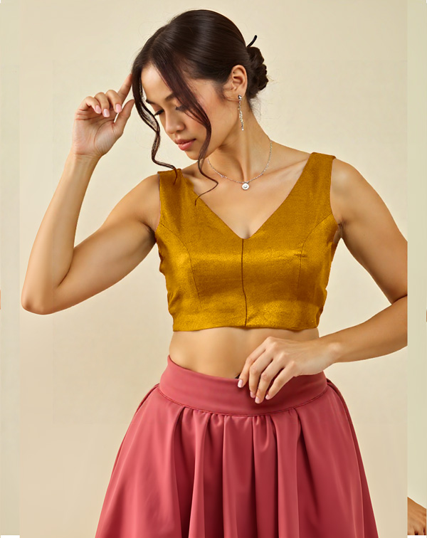 Front View deep-v-back-sleeveless-sleeve-tissue-gold-front-plain-front
