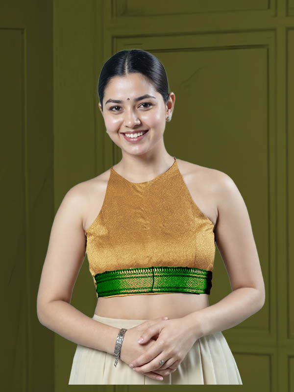 Front View open-back-with-tie-back-sleeveless-sleeve-tissue-gold-front-green-broad-zari-border-front