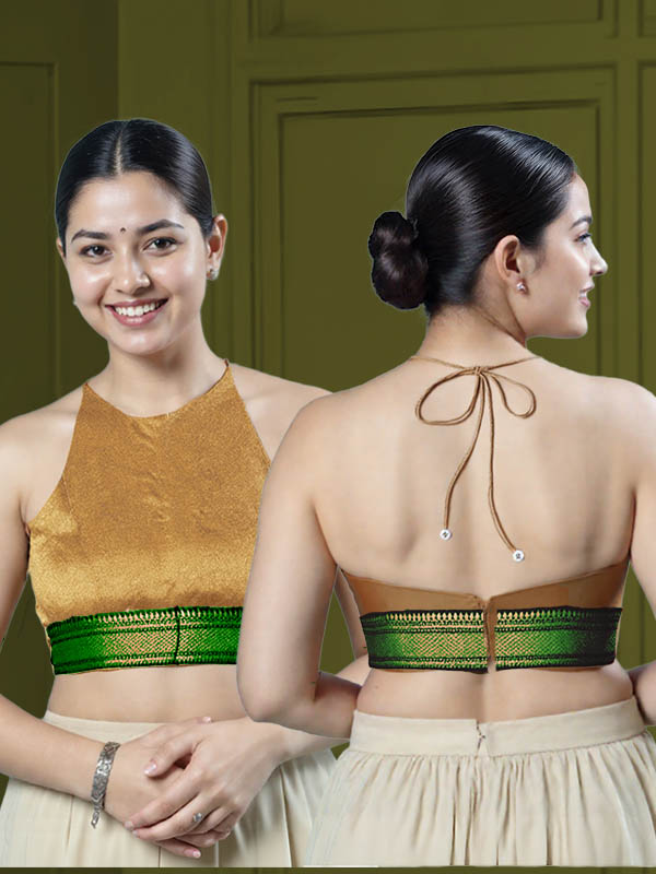 Back View open-back-with-tie-back-sleeveless-sleeve-tissue-gold-main-front-green-broad-zari-border-front-back-green-broad-zari-border-back