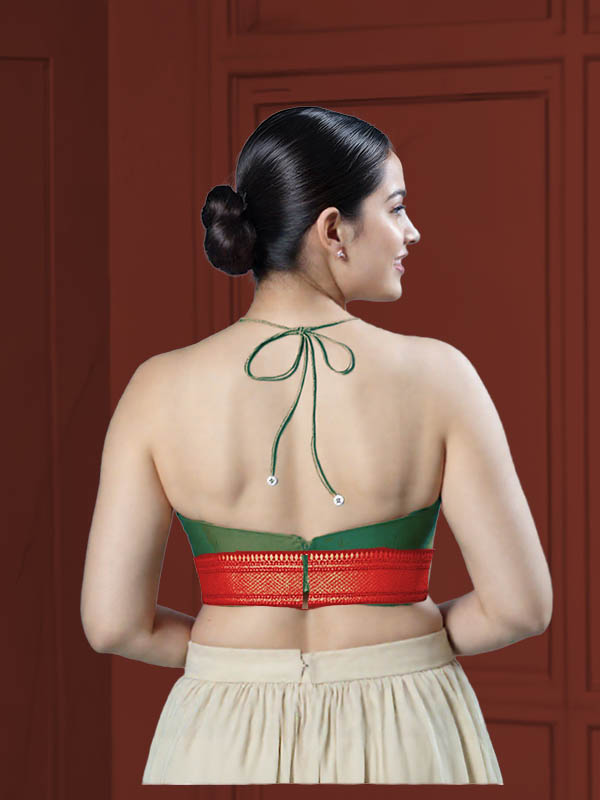 Back View open-back-with-tie-back-sleeveless-sleeve-tissue-green-back-red-broad-zari-border-back