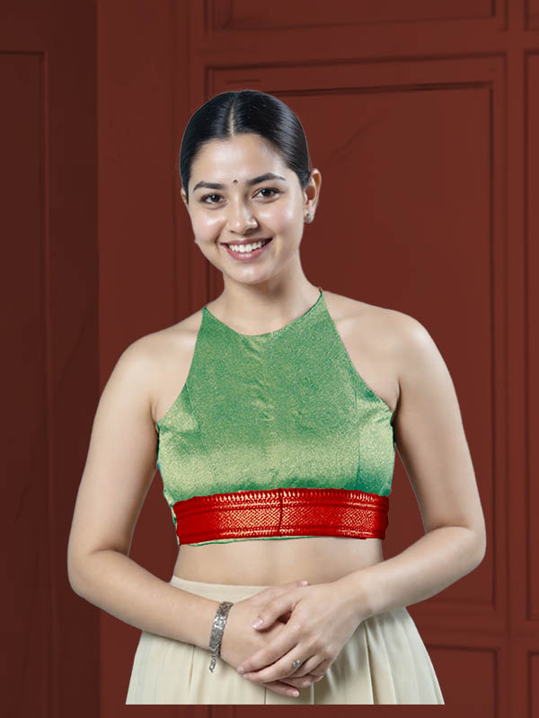Front View open-back-with-tie-back-sleeveless-sleeve-tissue-green-front-red-broad-zari-border-front