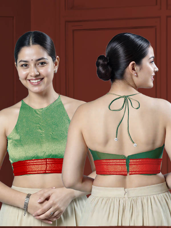 Back View open-back-with-tie-back-sleeveless-sleeve-tissue-green-main-front-red-broad-zari-border-front-back-red-broad-zari-border-back