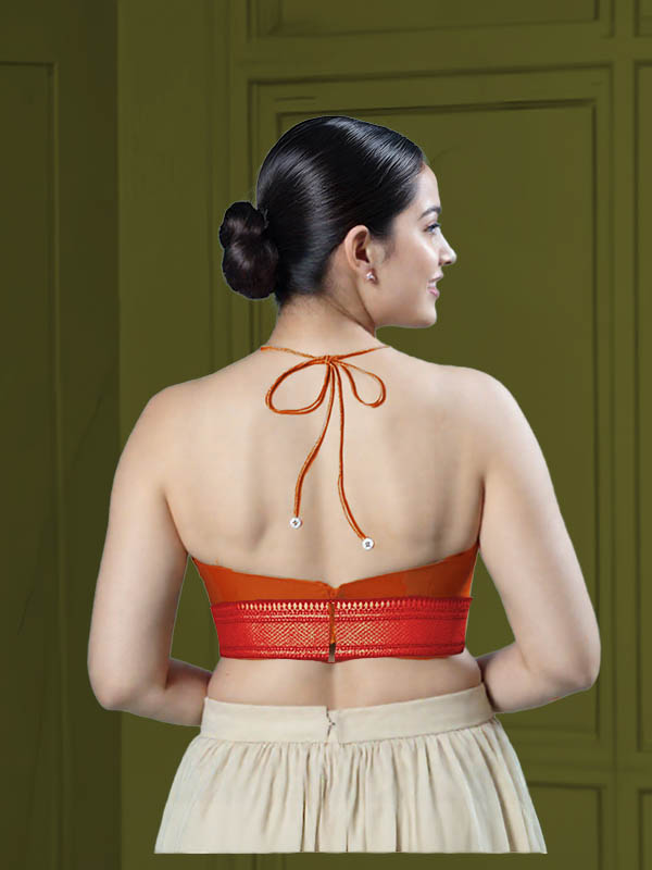 Back View open-back-with-tie-back-sleeveless-sleeve-tissue-orange-back-red-broad-zari-border-back