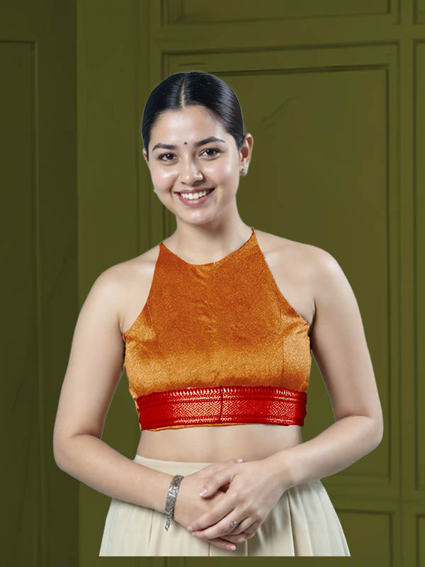 Front View open-back-with-tie-back-sleeveless-sleeve-tissue-orange-front-red-broad-zari-border-front