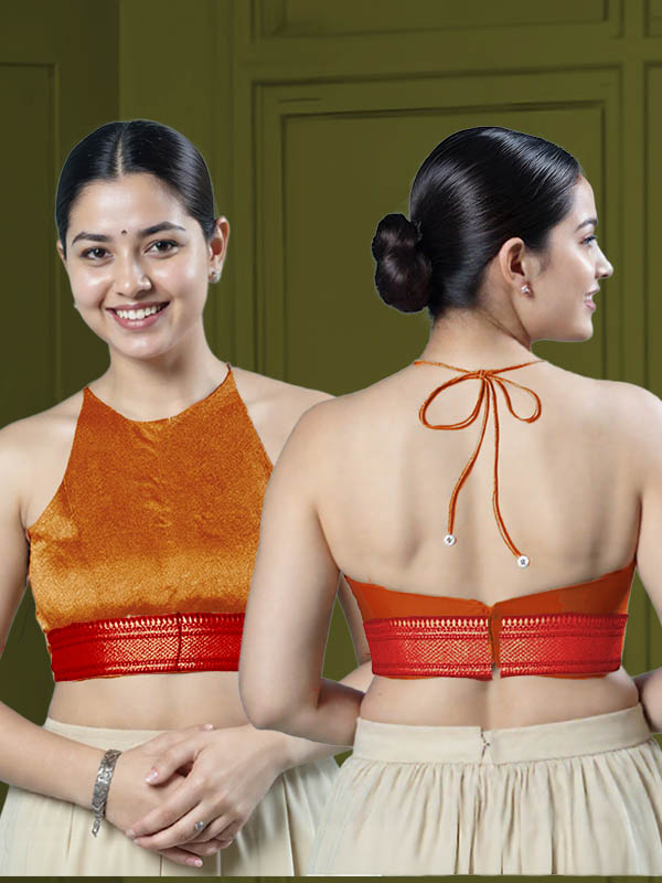 Back View open-back-with-tie-back-sleeveless-sleeve-tissue-orange-main-front-red-broad-zari-border-front-back-red-broad-zari-border-back