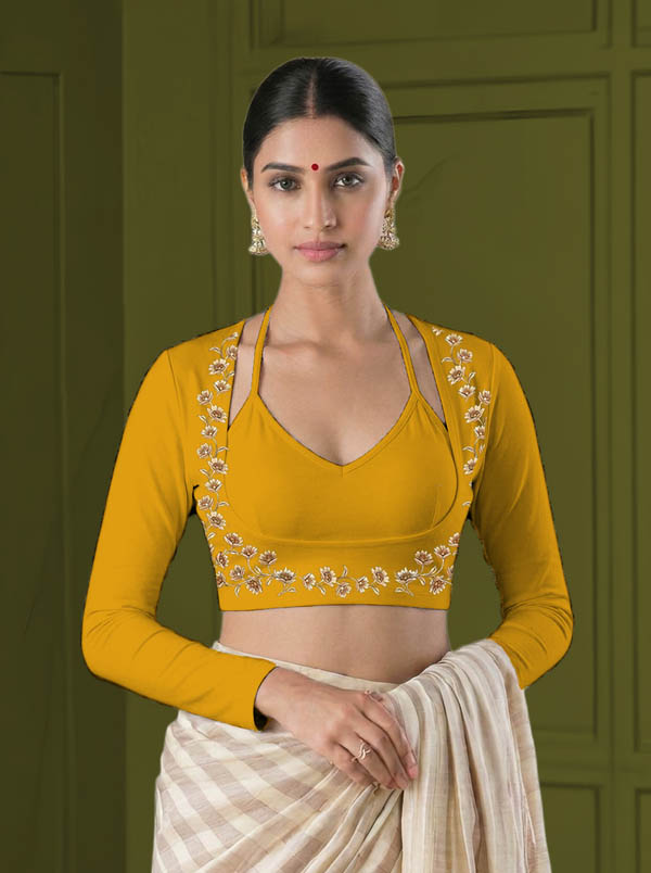 Front View plain-back-long-sleeves-sleeve-deep-yellow-front-flower2outerpiece-front