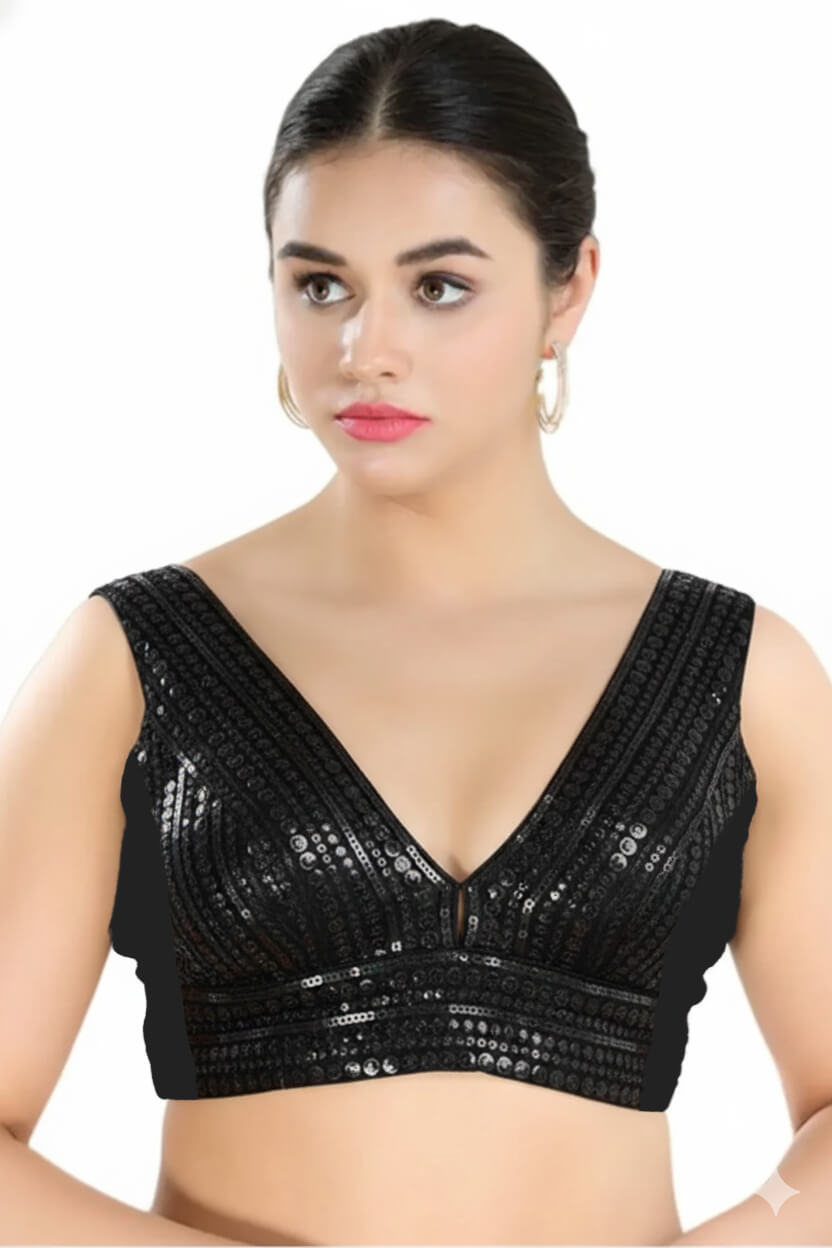 Front View deep-v-back-sleeveless-sleeve-sequin-black-front-plain-front