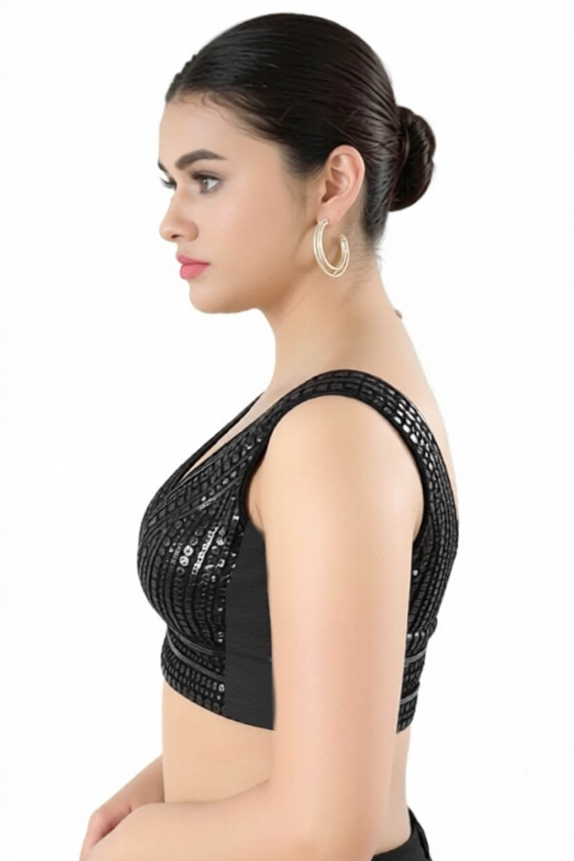 Left Sleeve View deep-v-back-sleeveless-sleeve-sequin-black-sleeve_left-plain-sleeve-left