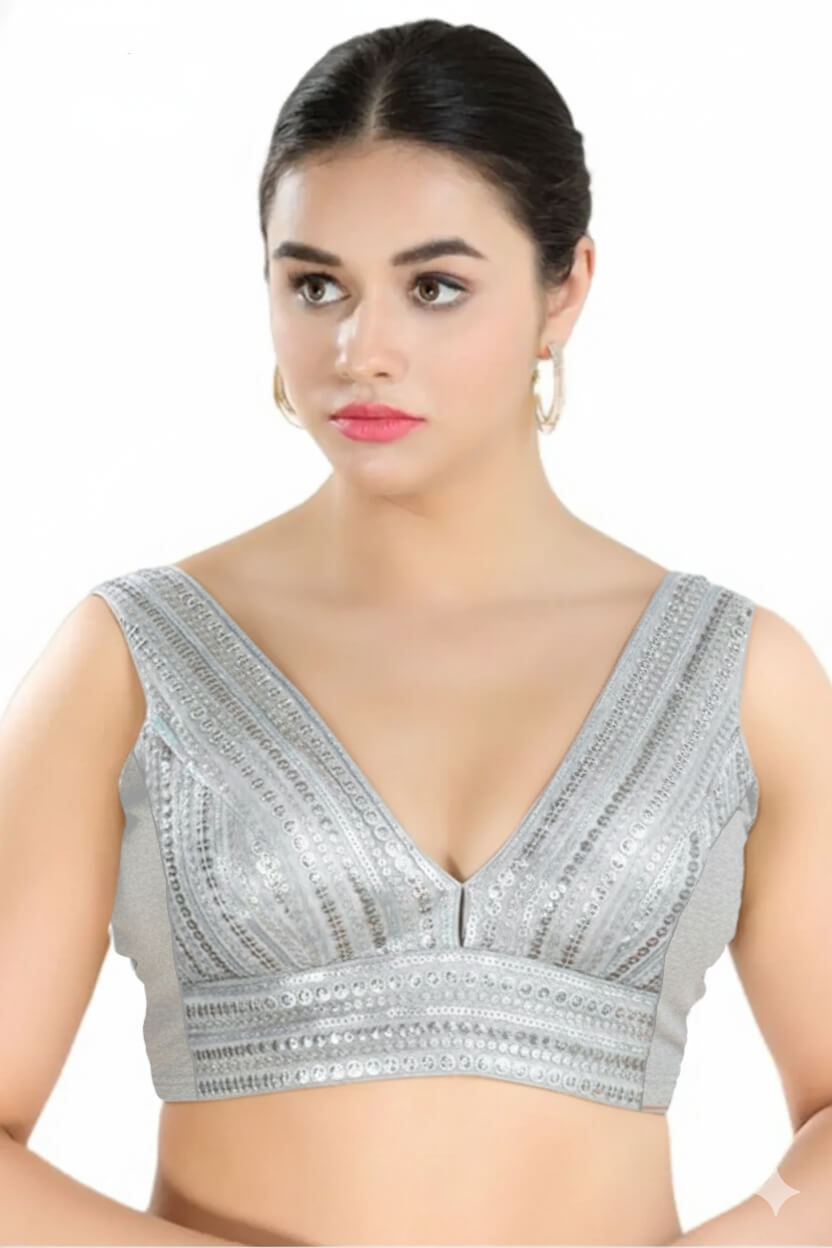 Front View deep-v-back-sleeveless-sleeve-sequin-silver-front-plain-front