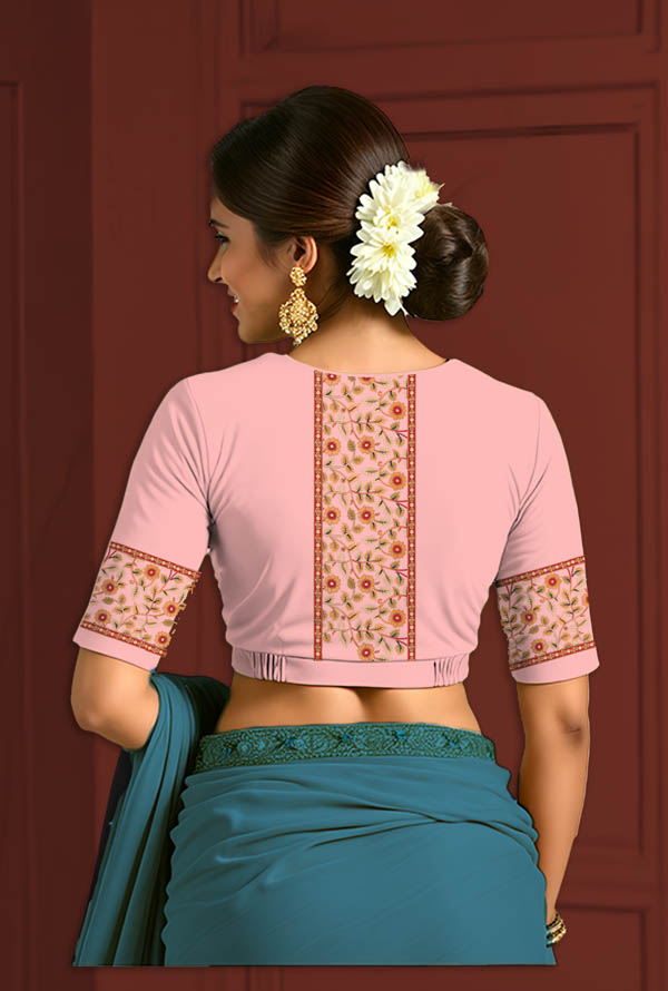 Back View plain-back-elbow-sleeves-sleeve-baby-pink-back-kalamkari-border-cream-vertical-back