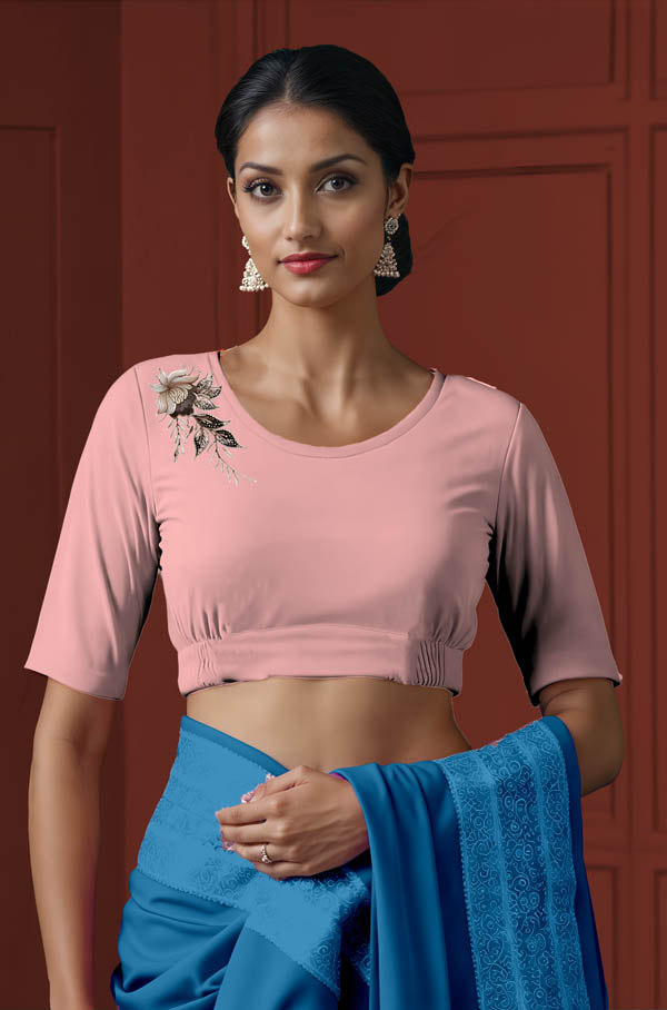 Front View plain-back-elbow-sleeves-sleeve-baby-pink-front-elegant-flowers-cream-front