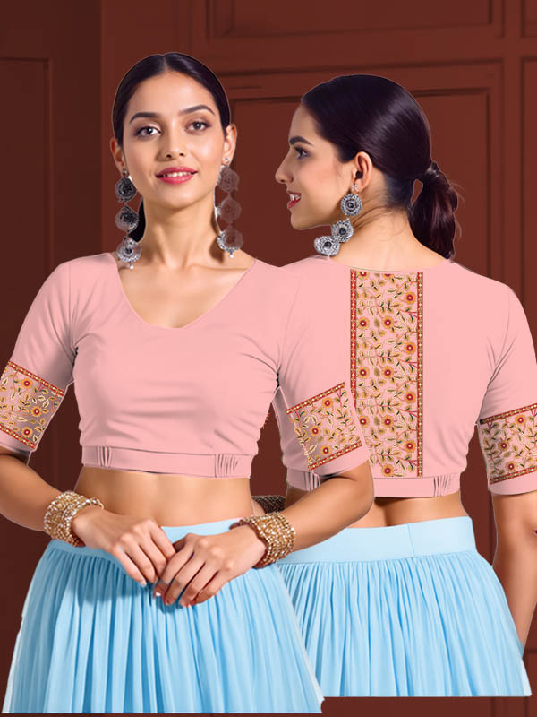 Back View plain-back-elbow-sleeves-sleeve-baby-pink-main-front-plain-front-back-kalamkari-border-cream-vertical-back