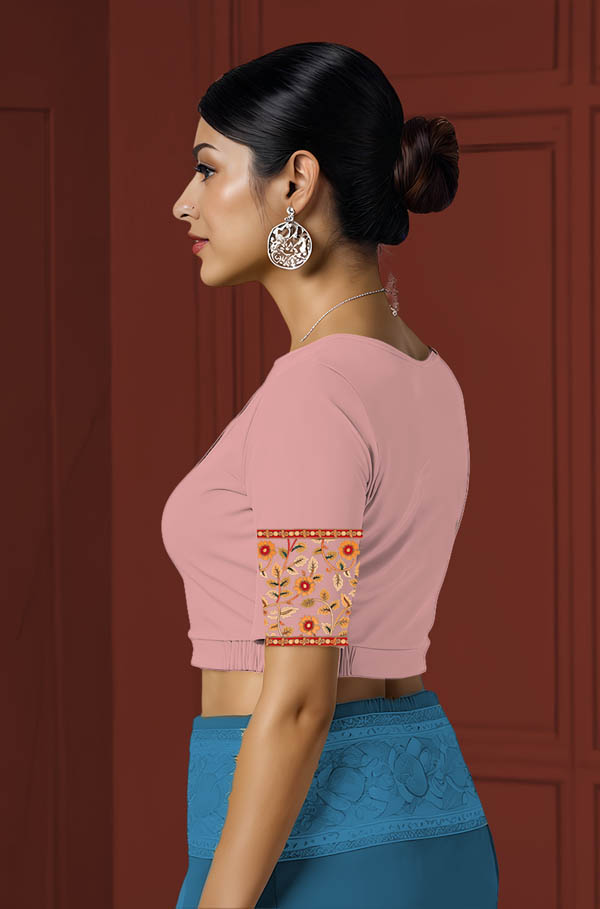Left Sleeve View plain-back-elbow-sleeves-sleeve-baby-pink-sleeve_left-kalamkari-border-cream-horizontal-sleeve-left